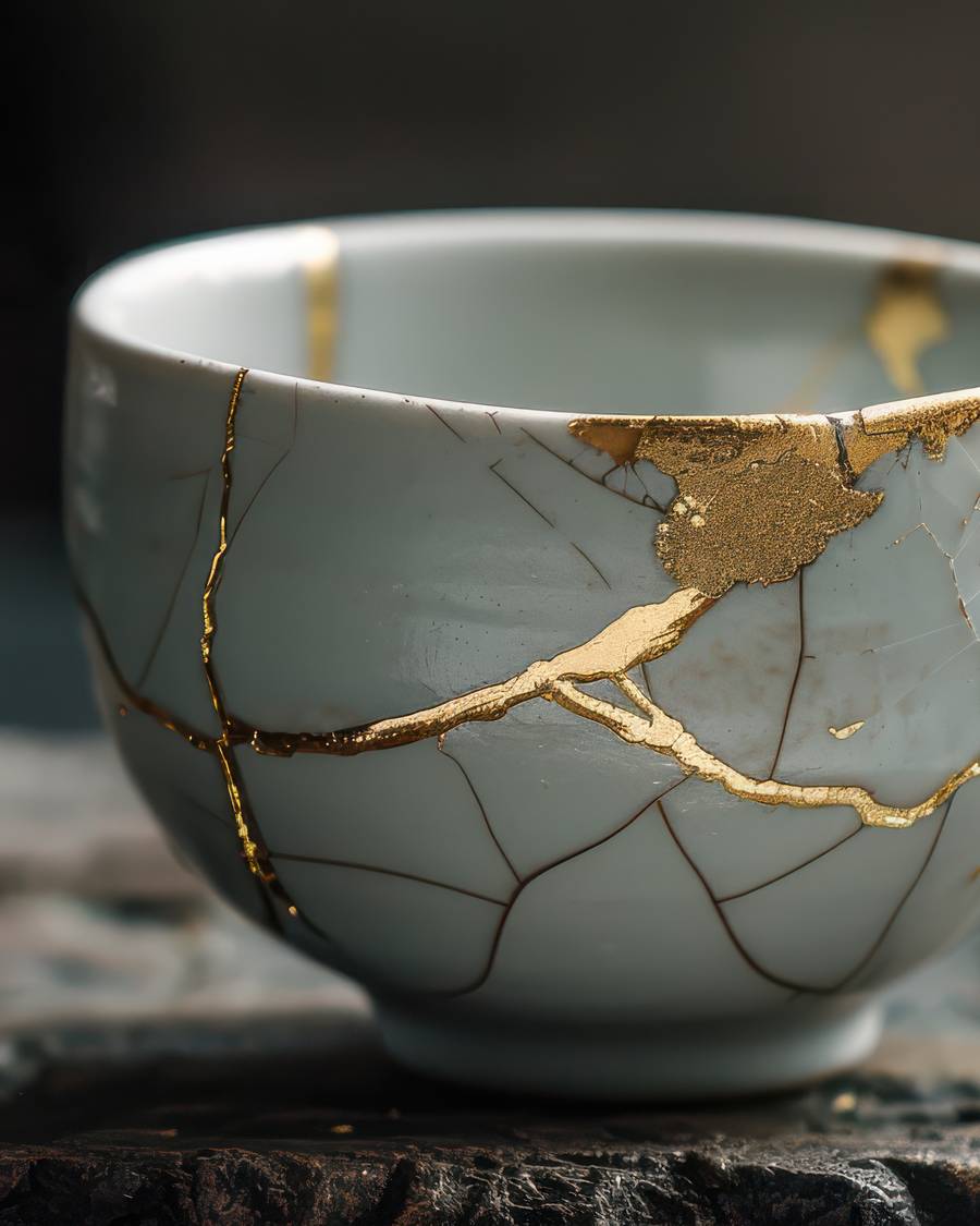 A ceramic bowl repaired with gold seams in the Japanese kintsugi technique
