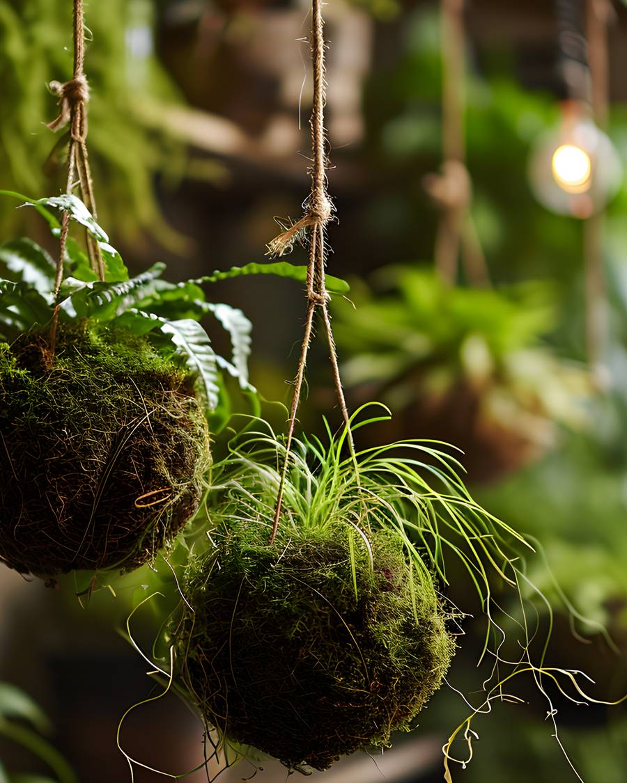 Detail of moss and trailing plant on a kokedama