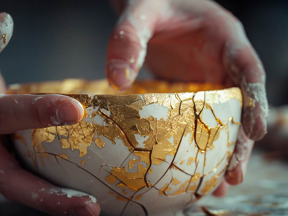 Hands holding a gold-repaired kintsugi bowl