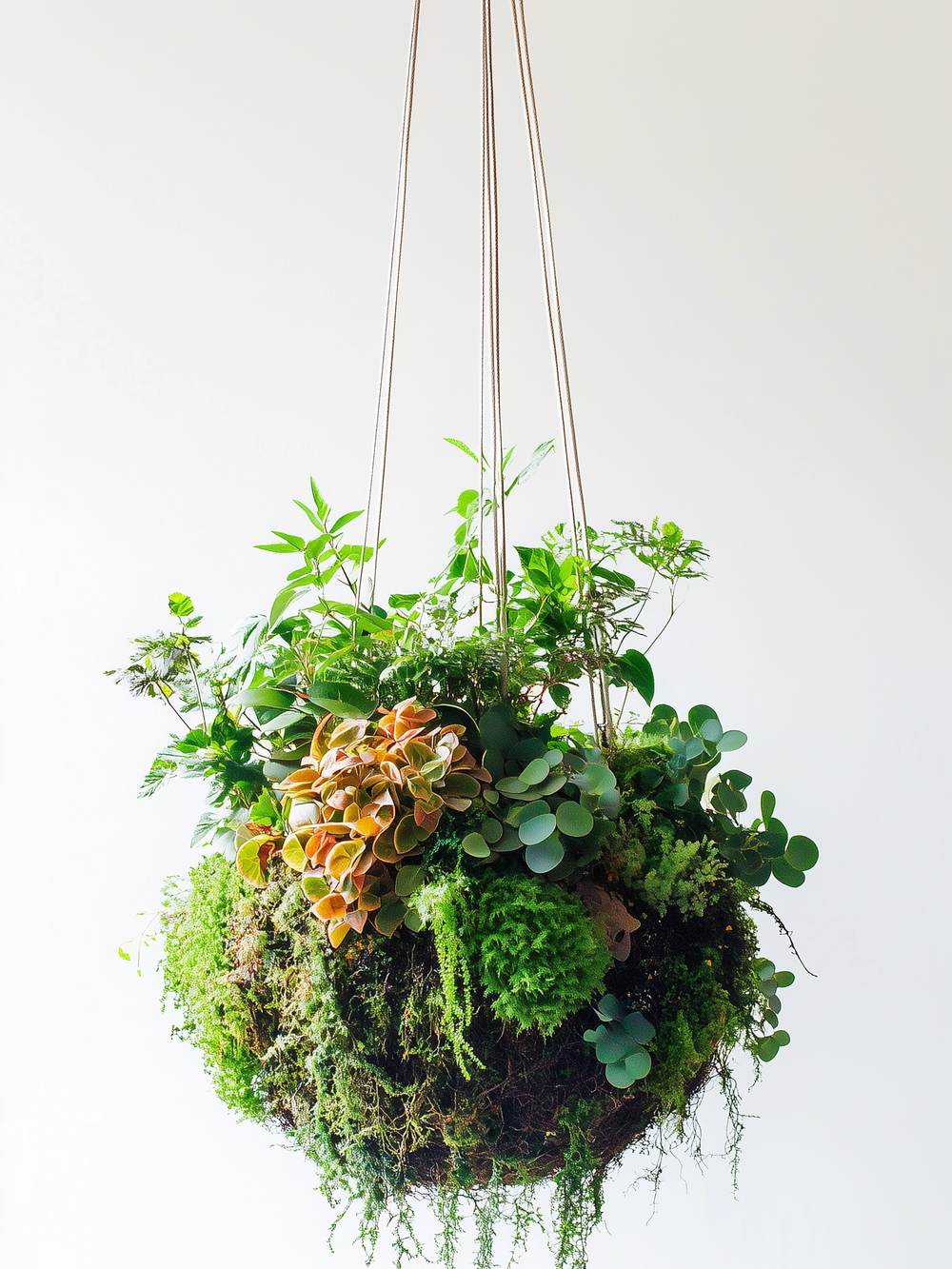 A hanging kokedama moss ball with trailing greenery