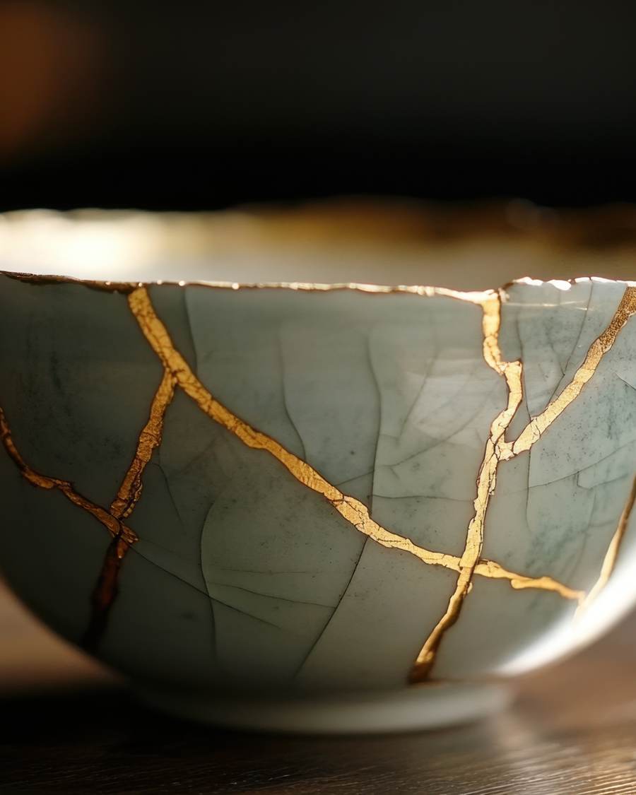 A kintsugi-repaired bowl with gold seams